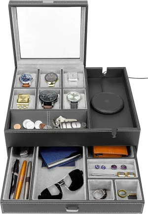 HOUNDSBAY Watch Box Organizer - Men's Jewelry Box & Display Case - Valet Tray & Watch Holder - Nightstand Organizer