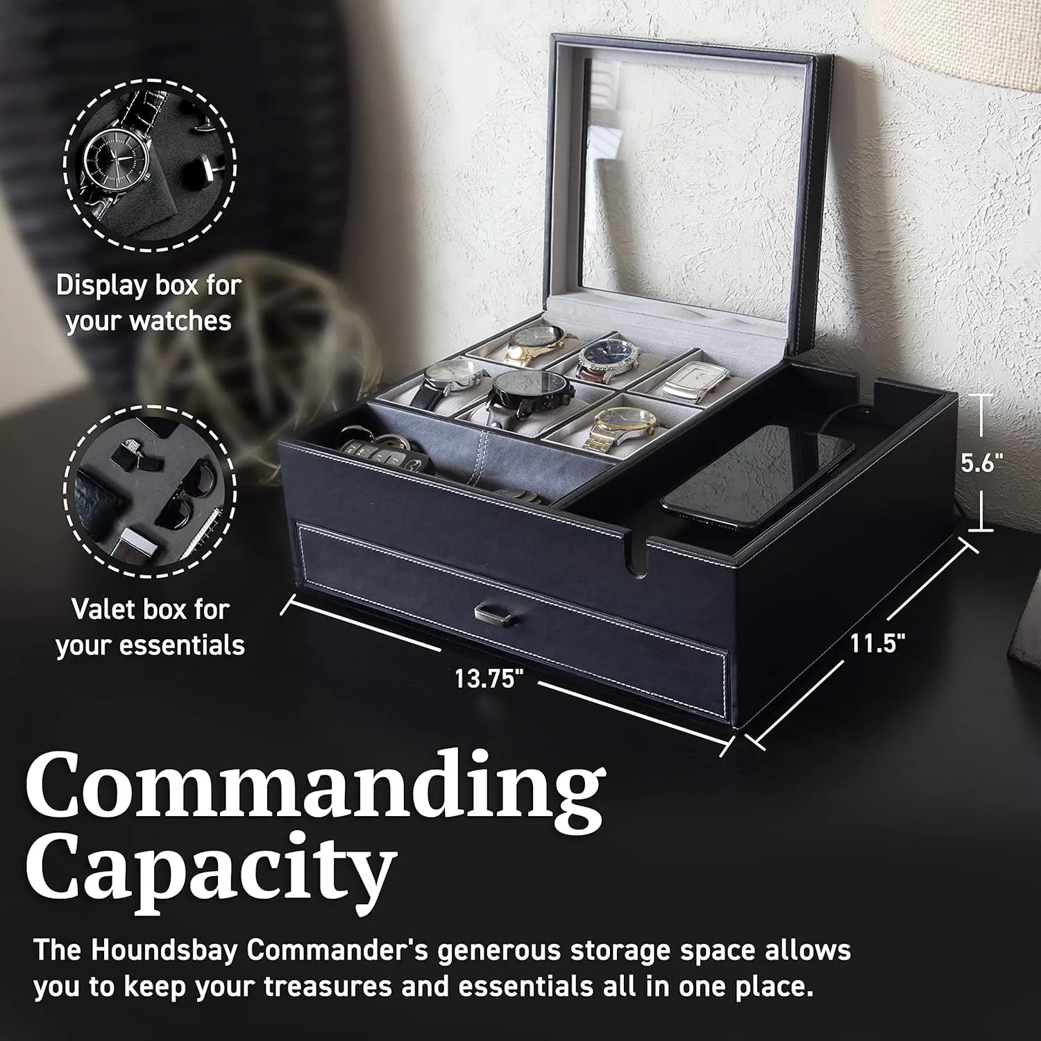 HOUNDSBAY Watch Box Organizer - Men's Jewelry Box & Display Case - Valet Tray & Watch Holder - Nightstand Organizer
