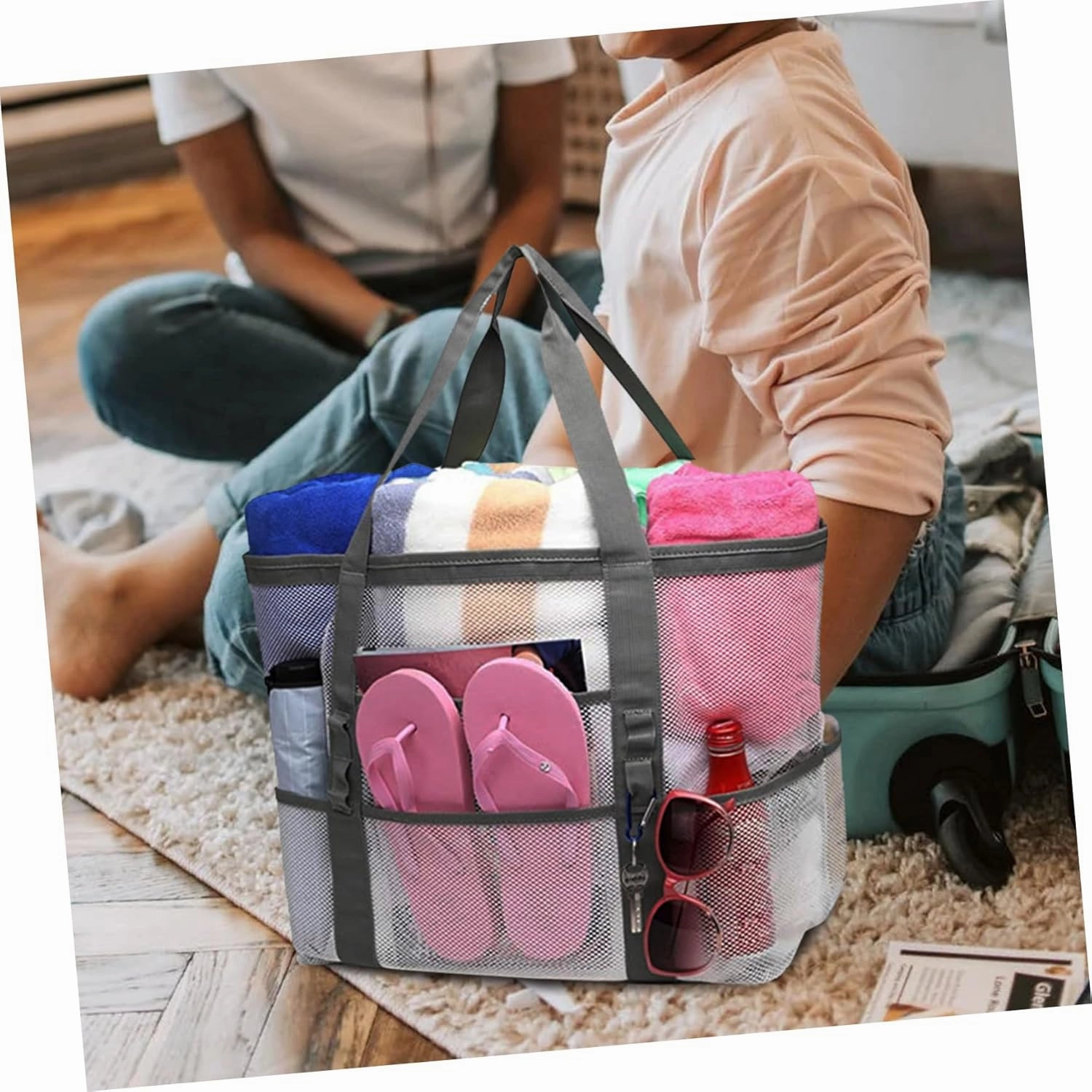 Housoutil 2pcs Portable Beach Toiletry for Toy with Organizers Use Multifunctional Mesh Bag Handle Basket, Whitex5pcs, 59x36cmx5pcs