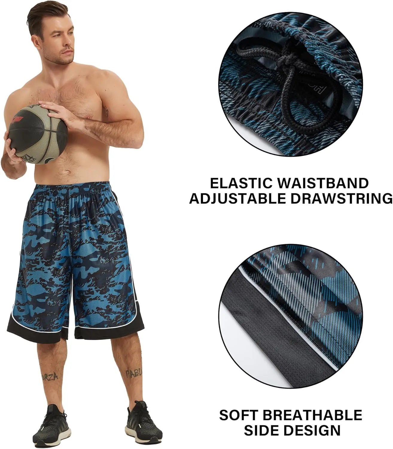 HQUEC Men's 12" Athletic Shorts Long Basketball Workout Shorts Below Knee Loose-Fit with Pockets