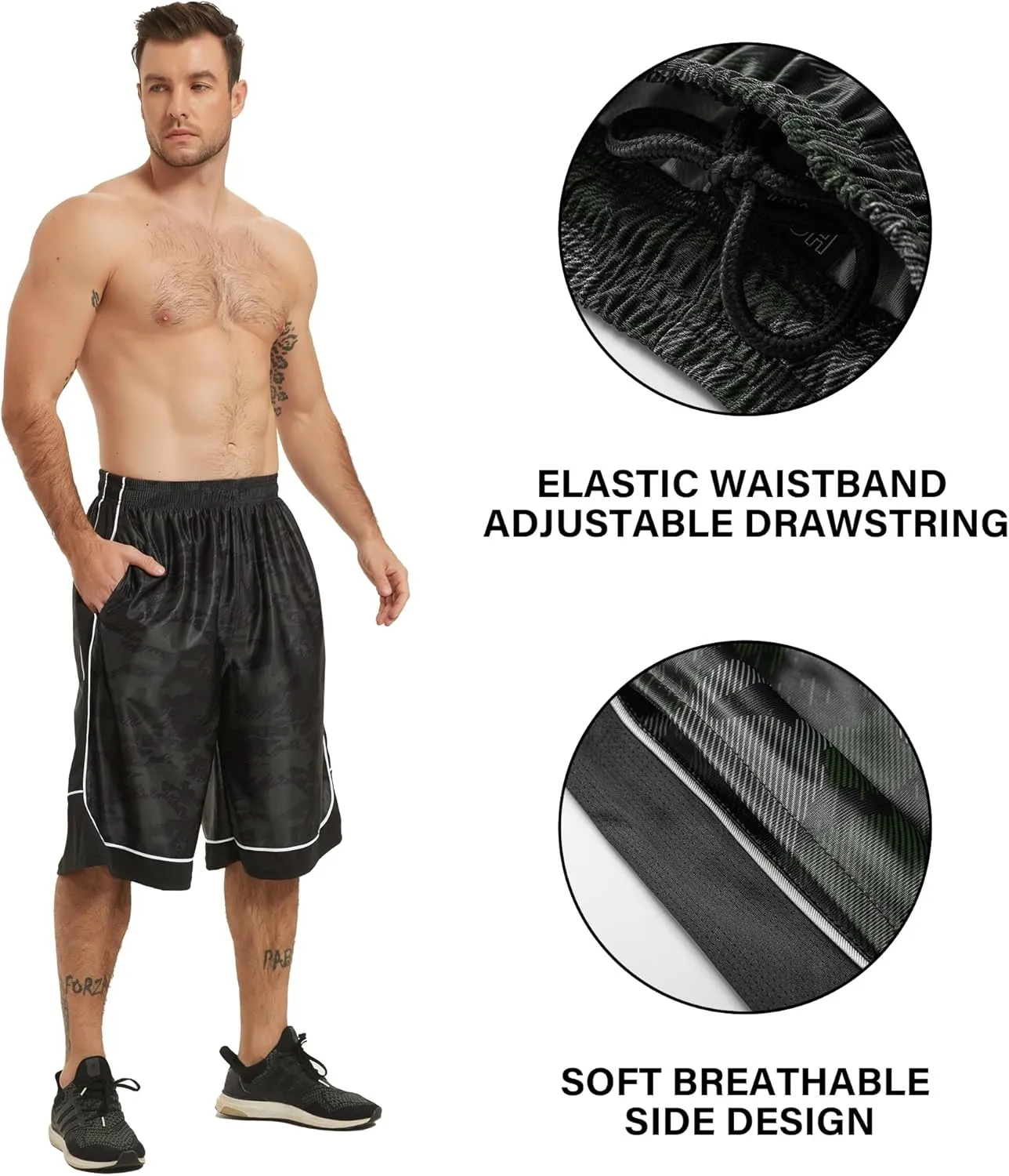 HQUEC Men's 12" Athletic Shorts Long Basketball Workout Shorts Below Knee Loose-Fit with Pockets