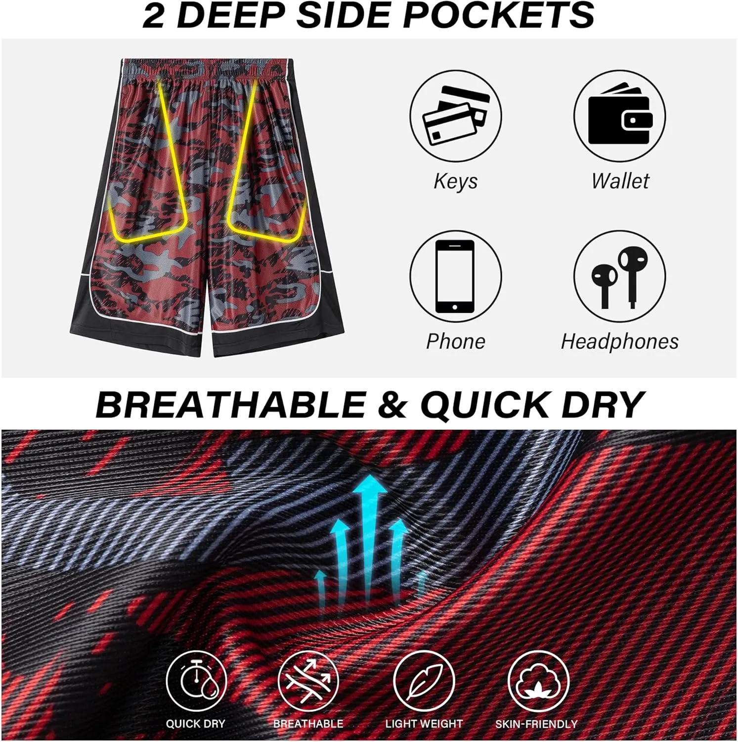 HQUEC Men's 12" Athletic Shorts Long Basketball Workout Shorts Below Knee Loose-Fit with Pockets