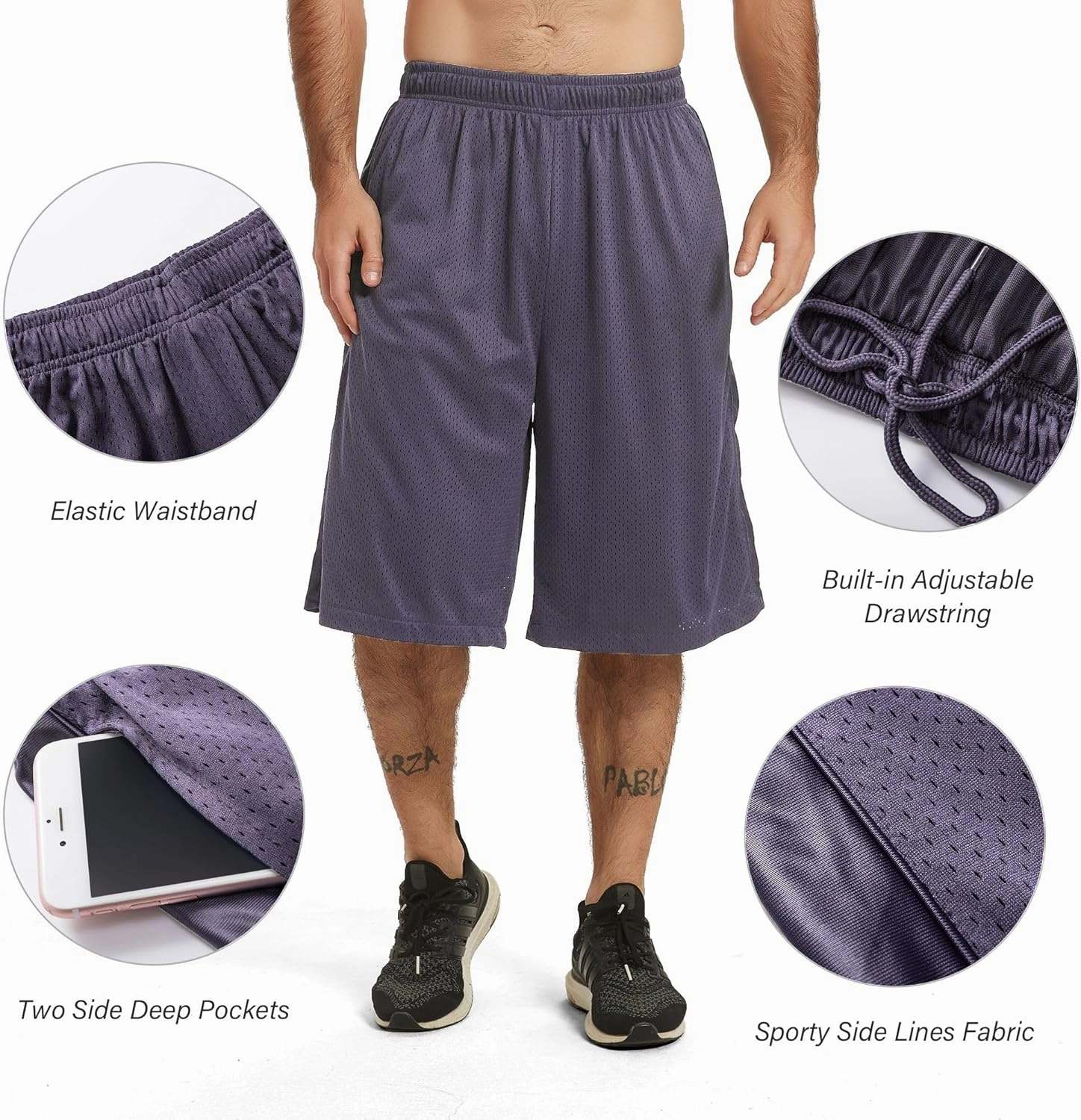 HQUEC Men's 12" Athletic Shorts Long Basketball Workout Shorts Below Knee Loose-Fit with Pockets