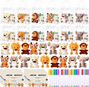 HyDren 84 Pcs Mini Stuffed Animals Toy with Adoption Cards Adopt a Pet Party Favors Stuffed Forest Animals Bulk Plush Elephant Monkey Bear with Clear Bag Pencil for Kids Classroom Birthday Party Gift