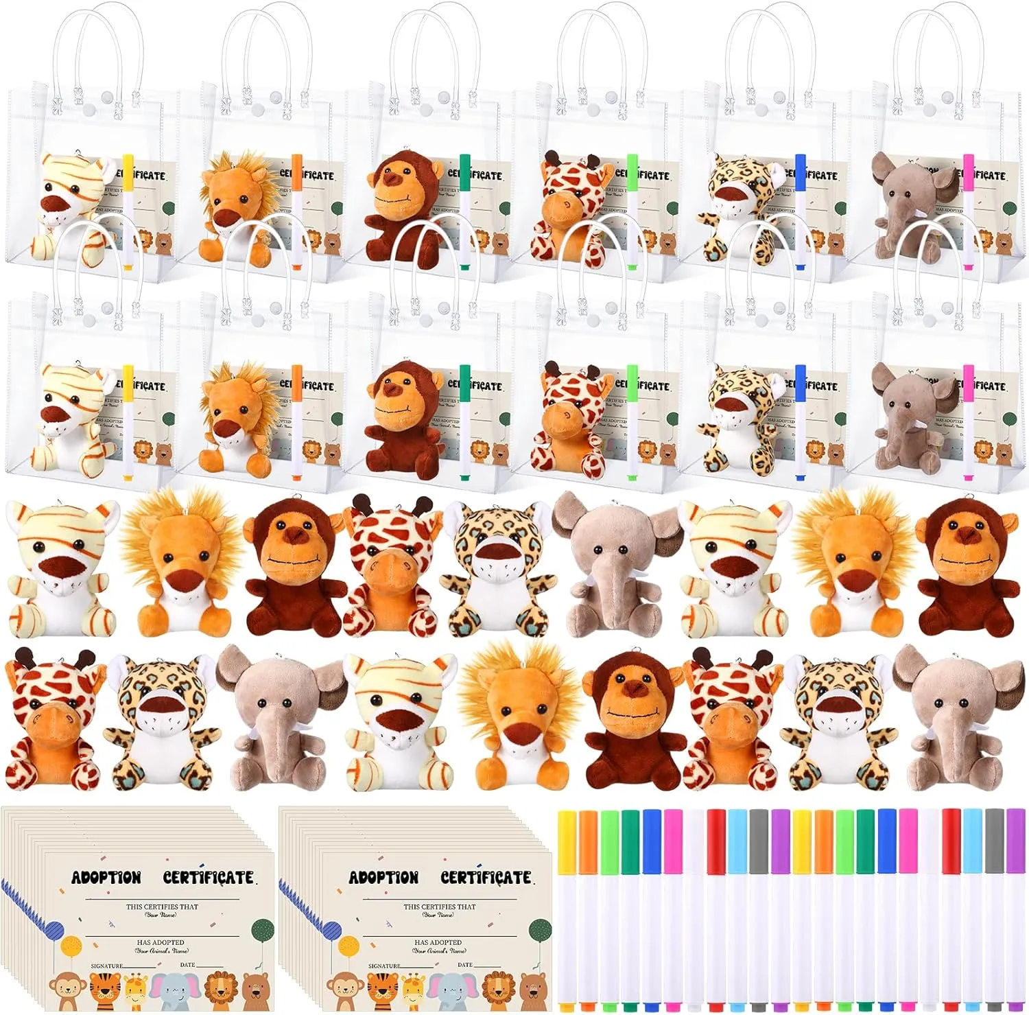 HyDren 84 Pcs Mini Stuffed Animals Toy with Adoption Cards Adopt a Pet Party Favors Stuffed Forest Animals Bulk Plush Elephant Monkey Bear with Clear Bag Pencil for Kids Classroom Birthday Party Gift