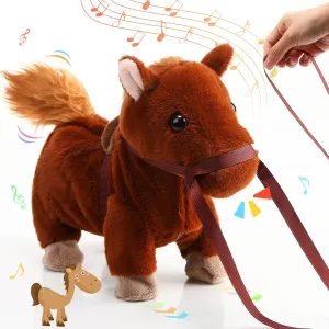 HyDren Walking Horse Toy Calls Tail Wagging Interactive Plush Horse Gift for Girl Boy Walk with Leash Plush Stuffed Animal Toy for Farm Kids Birthday Party 7.87 Inches