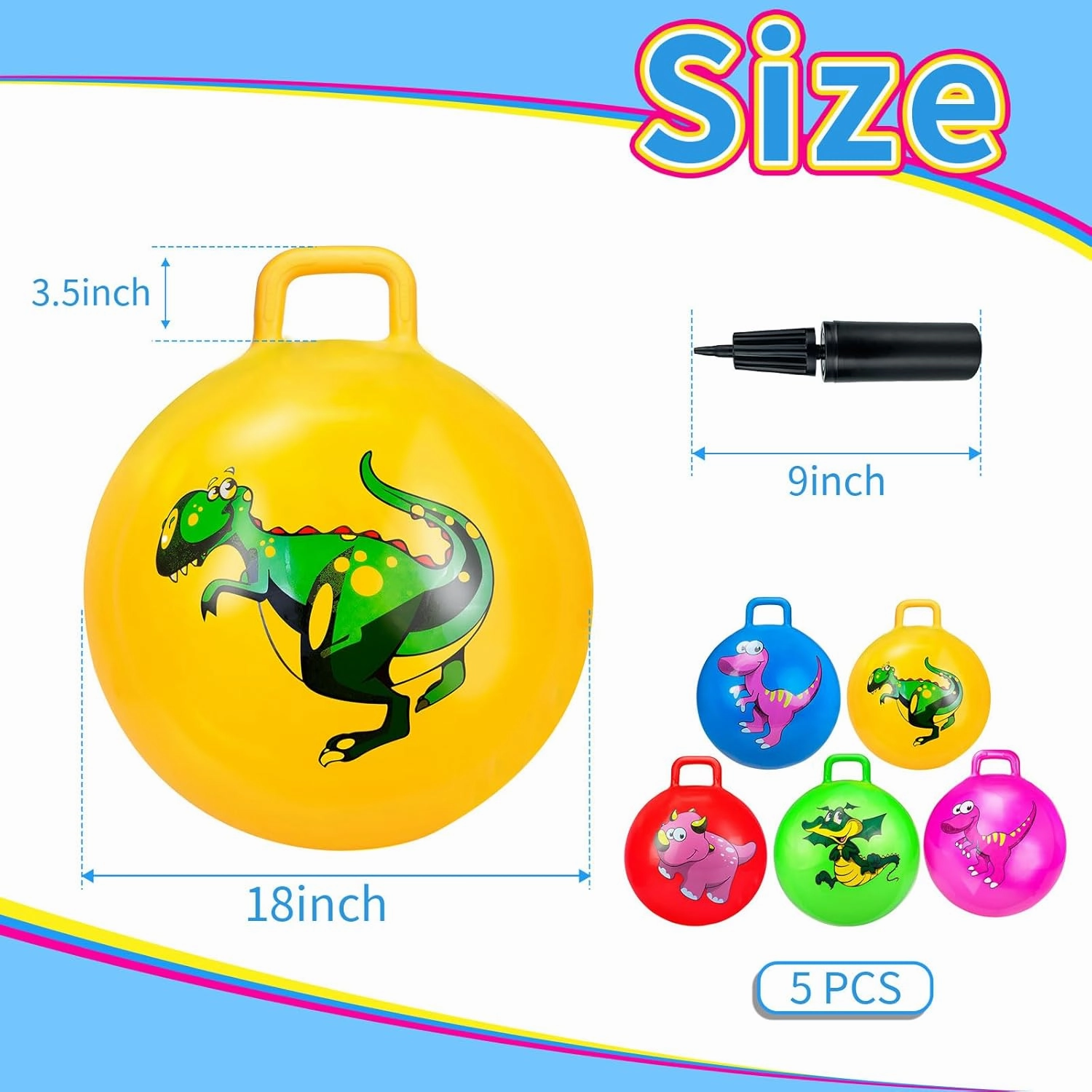 Hymaz 5 Pcs 18 inch Hopper Ball, Dinosaur Toddler Ride On Toys, Bounce Balls with Handles and Air Pump for Kids 2-6 Years, Jumping Hopping Ball for Girl Boy Outdoor Garden Fun Races