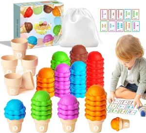 Ice Cream Preschool Learning Activities Counting and Color Sorting Set Stacking Toys for Kids 3-5, Stacking Fine Motor Skills Toys, 65PCS Math Manipulatives Learning Resources Toys
