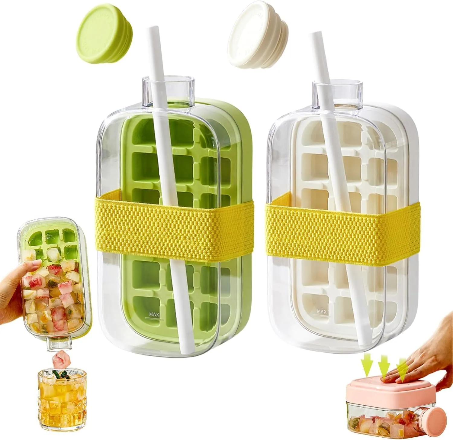Ice Cube Bottle – 2-in-1 Touch-Free Silicone Ice Tray & Water Bottle with Straw, Lid & Strap | Portable Ice Maker for Coffee, Juice, Travel & Outdoor Activities (Green White,800ML)