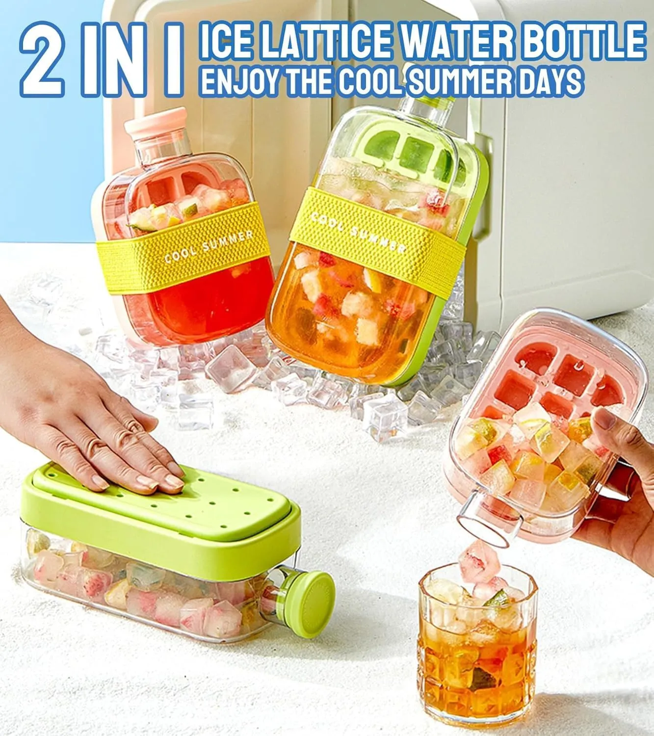 Ice Cube Bottle – 2-in-1 Touch-Free Silicone Ice Tray & Water Bottle with Straw, Lid & Strap | Portable Ice Maker for Coffee, Juice, Travel & Outdoor Activities (Green White,800ML)