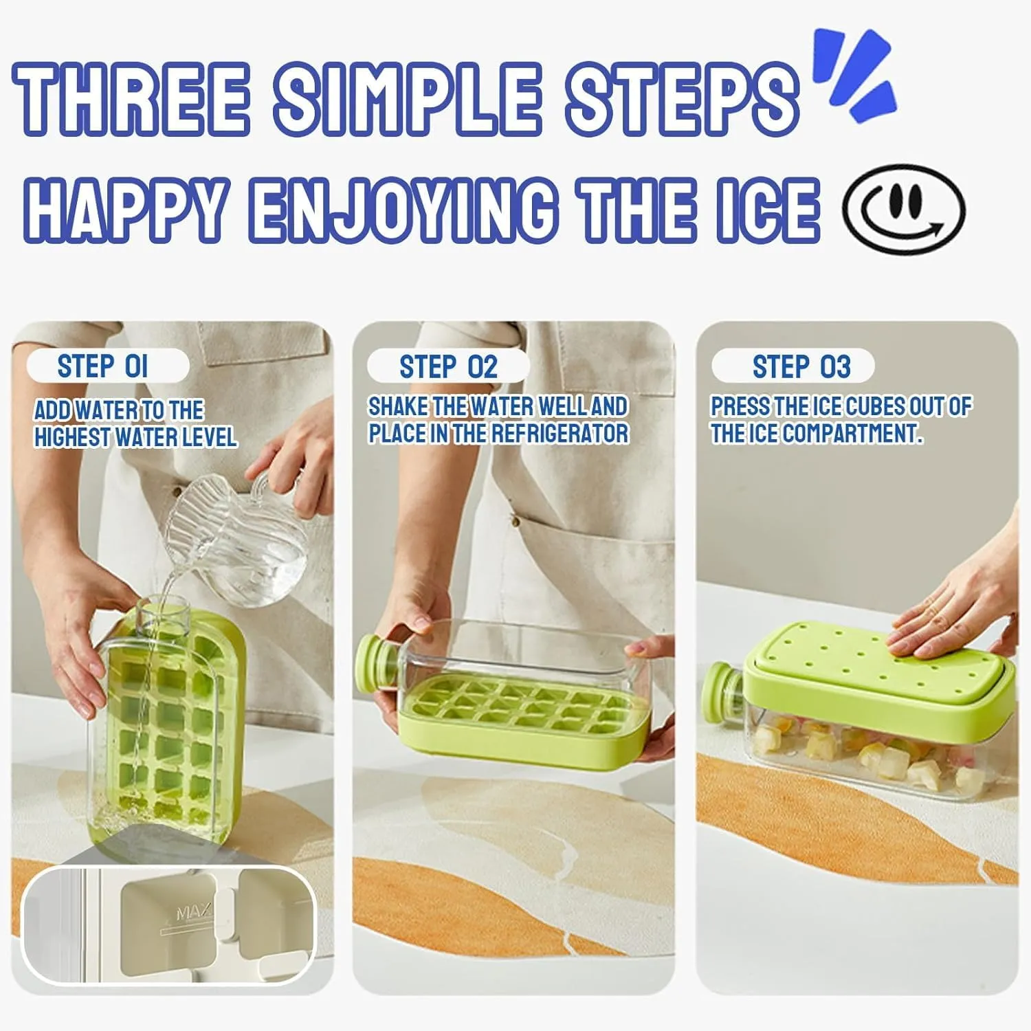 Ice Cube Bottle – 2-in-1 Touch-Free Silicone Ice Tray & Water Bottle with Straw, Lid & Strap | Portable Ice Maker for Coffee, Juice, Travel & Outdoor Activities (Green White,800ML)
