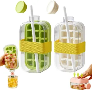 Ice Cube Bottle – 2-in-1 Touch-Free Silicone Ice Tray & Water Bottle with Straw, Lid & Strap | Portable Ice Maker for Coffee, Juice, Travel & Outdoor Activities (Green White,800ML)