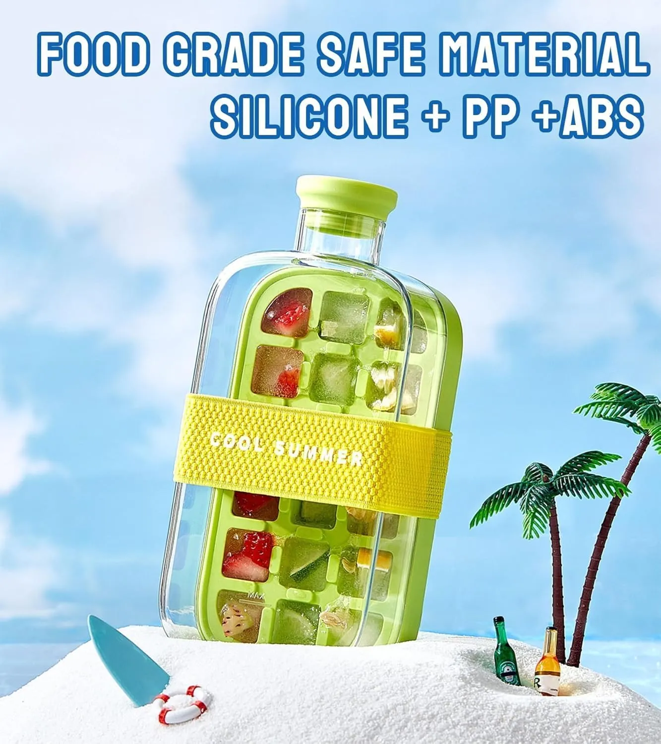 Ice Cube Bottle – 2-in-1 Touch-Free Silicone Ice Tray & Water Bottle with Straw, Lid & Strap | Portable Ice Maker for Coffee, Juice, Travel & Outdoor Activities (Green White,800ML)
