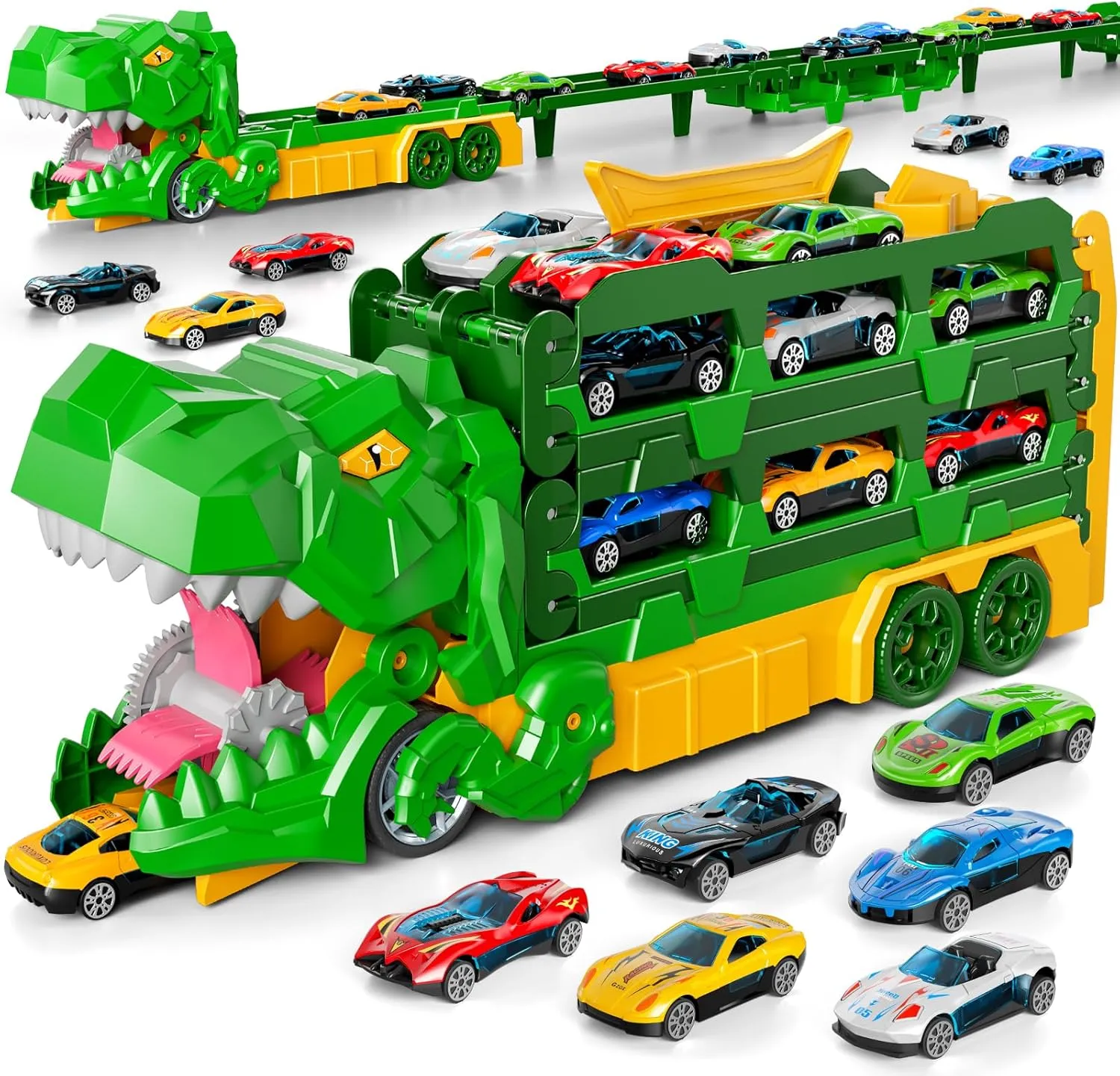 iHaHa Dinosaur Race Track Toys for Ages 3-4 4-6, 59-inches Transport Dinosaur Truck with 12 Die-cast Cars, Carrier Truck Toy Birthday Gifts Toys for 3 4 5 6 Year Old Boy