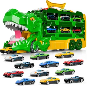 iHaHa Dinosaur Race Track Toys for Ages 3-4 4-6, 59-inches Transport Dinosaur Truck with 12 Die-cast Cars, Carrier Truck Toy Birthday Gifts Toys for 3 4 5 6 Year Old Boy