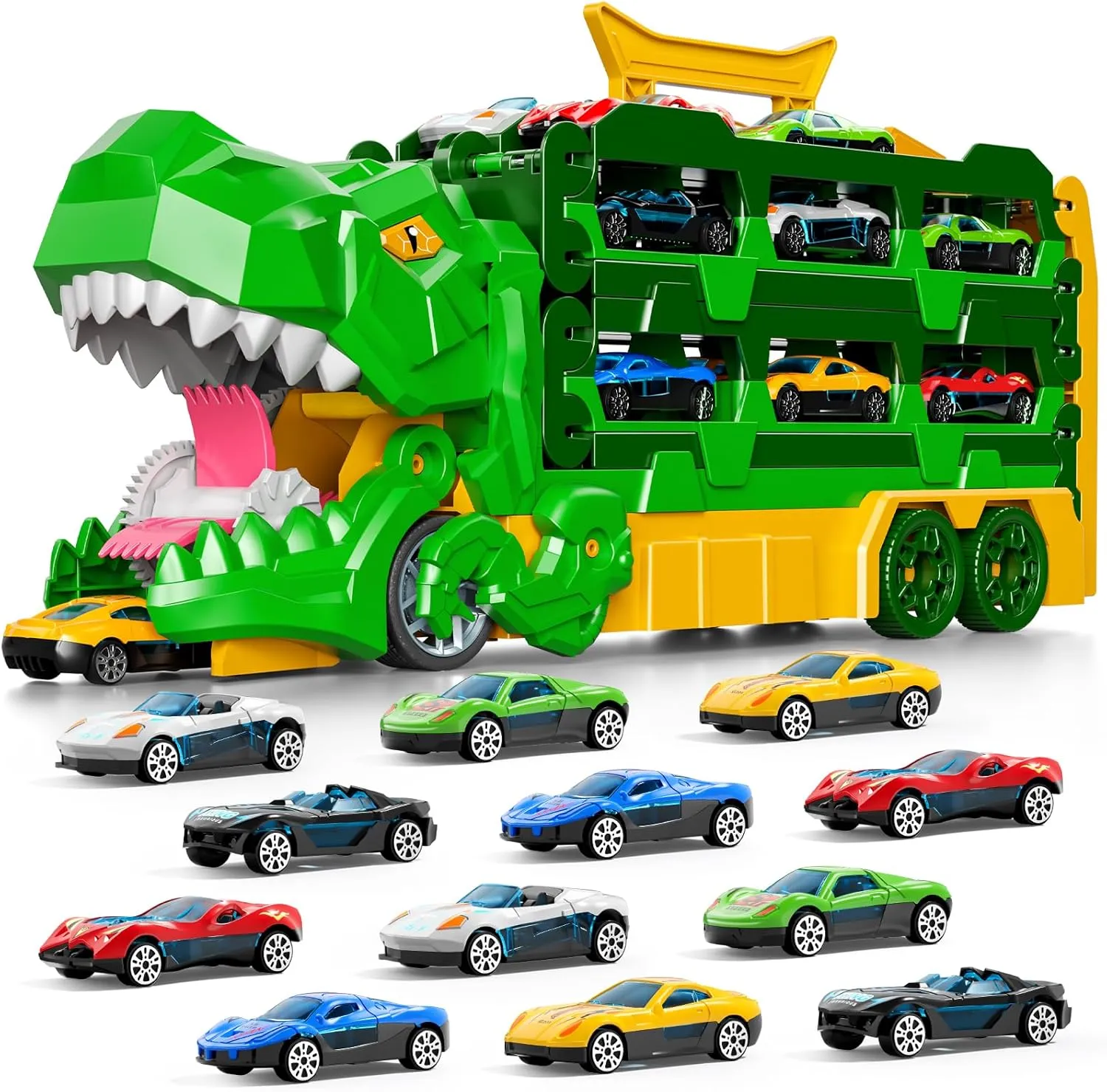 iHaHa Dinosaur Race Track Toys for Ages 3-4 4-6, 59-inches Transport Dinosaur Truck with 12 Die-cast Cars, Carrier Truck Toy Birthday Gifts Toys for 3 4 5 6 Year Old Boy