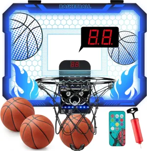 Indoor Basketball Hoop for Kids with 7 Colors Led Lights Mini Basketball Hoop with Remote Control Over The Door Basketball Hoops with Scoreboard Basketball Toys for 4-12 Year Old Boys Girls