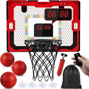 Indoor Mini Basketball Hoop with LED Light & Scoreboard & Timer - Over The Door Hoop for Kids Ages 3-13