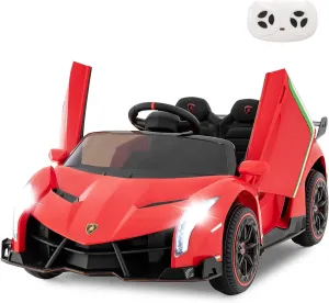 INFANS 2 Seater Kids Ride on Car, 12V 4WD Licensed Lamborghini Veneno Powered Electric Vehicle with Hydraulic Doors, Rocking Mode, Adjustable Speeds, Remote Control, MP3, Headlight (Red)