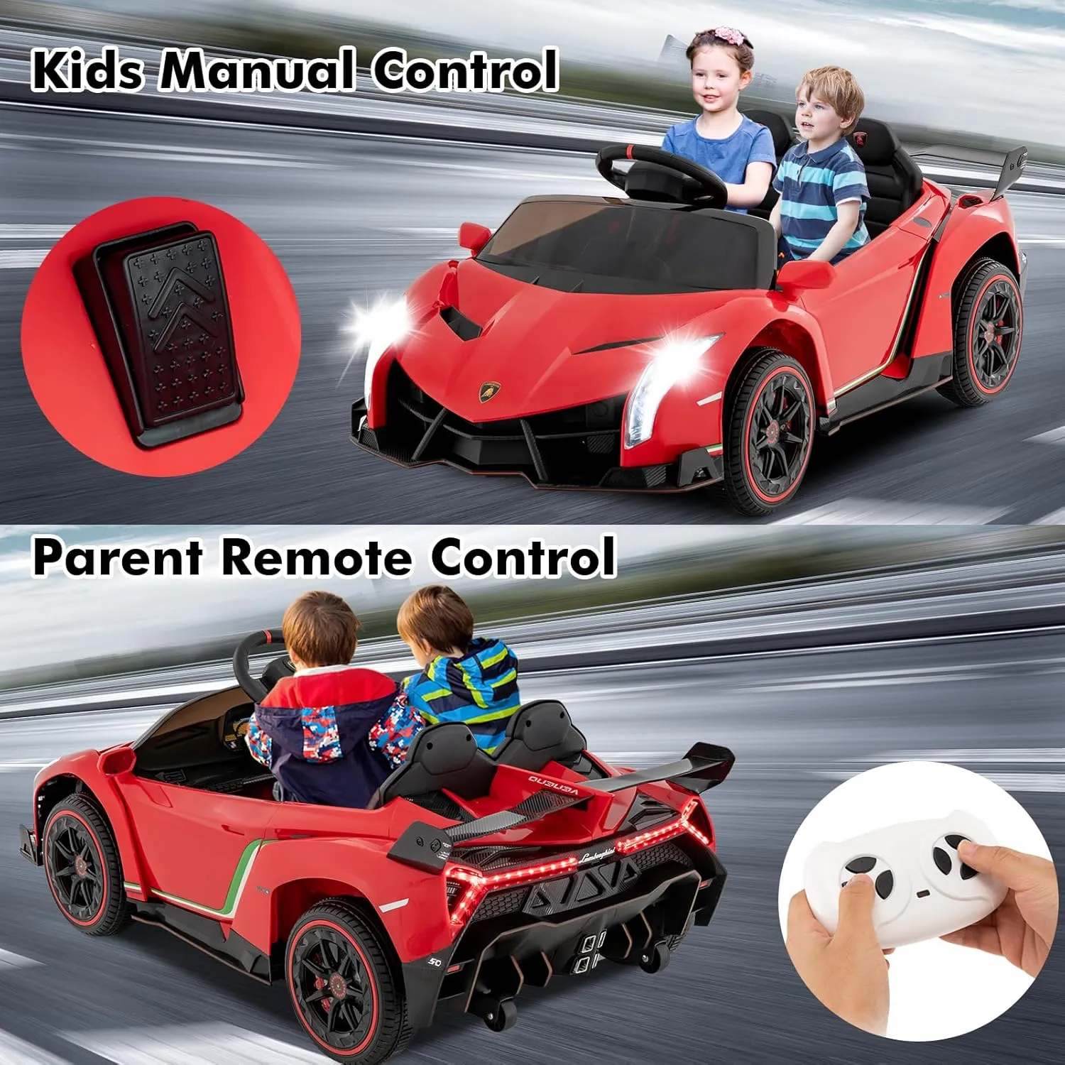 INFANS 2 Seater Kids Ride on Car, 12V 4WD Licensed Lamborghini Veneno Powered Electric Vehicle with Hydraulic Doors, Rocking Mode, Adjustable Speeds, Remote Control, MP3, Headlight (Red)