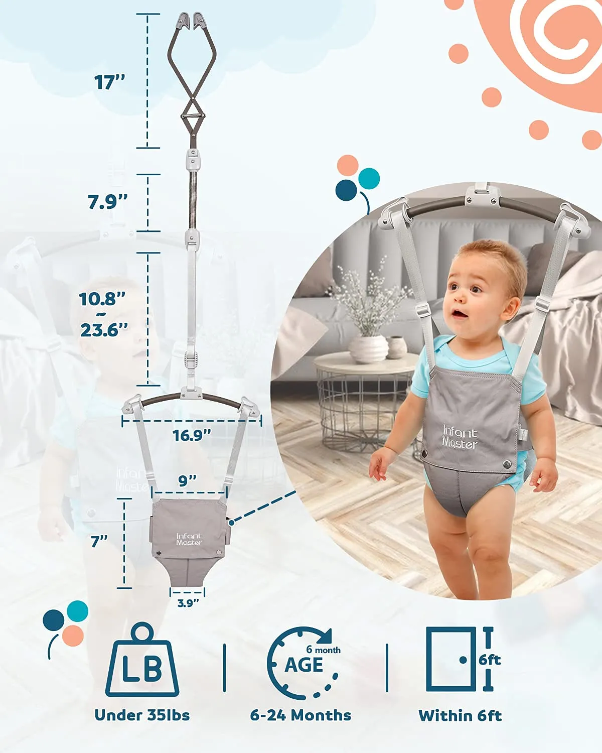 Infant Master Baby Doorway Jumpers, Sturdy Johnny Jumper w/Adjustable 10.8"-23.6" inches Strap, Soft Baby Johnny Bouncer w/Seat Bag, Ideal Gift for Infant, Portable and Easy to Use, Grey