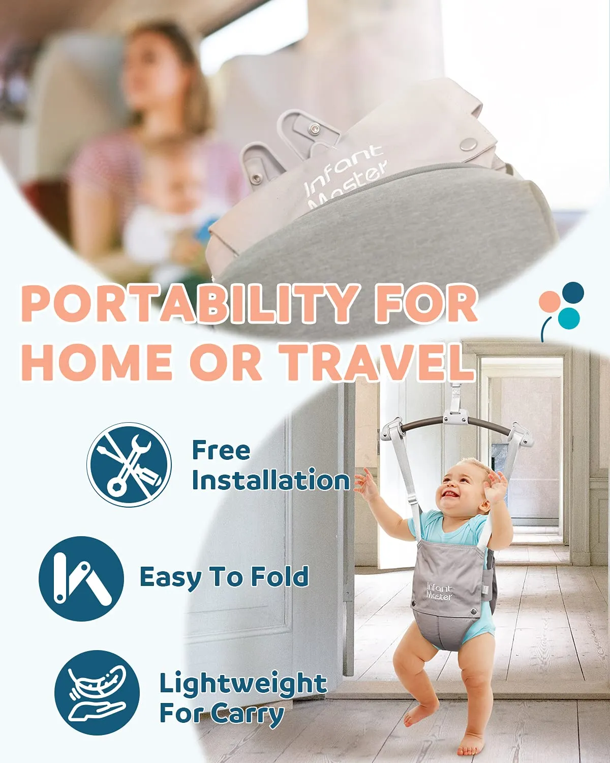 Infant Master Baby Doorway Jumpers, Sturdy Johnny Jumper w/Adjustable 10.8"-23.6" inches Strap, Soft Baby Johnny Bouncer w/Seat Bag, Ideal Gift for Infant, Portable and Easy to Use, Grey