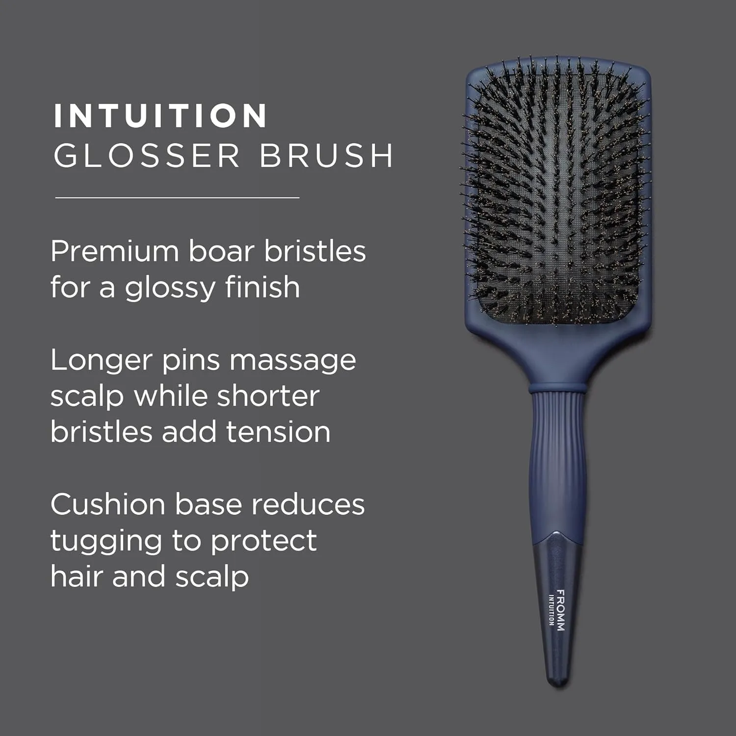 Intuition Glosser Smooth & Glossy Boar Bristle Paddle Brush, Detangles, Smoothes, and Massages Scalp to Distribute Oils for Shiny Healthy Hair, Navy Blue