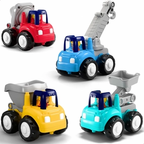 iPlay, iLearn Toddler Construction Toy Trucks for Toddlers 1-3, Baby Push Go Cars, Kids Friction Powered Vehicles Set W/Crane Cement Lift Dump Truck, Birthday Gifts 12 18 Month 2 4 Year Olds Boy Girl