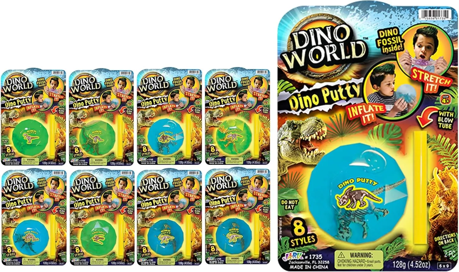 JA-RU Dino World Dinosaur Slime Kit (8 Dino Putty) Surprise Dinosaur Fossil Slime Toy for Kids, Boys and Girls. Non Toxic Super Stretchy Inflatable Jurassic Putty. Kids Party Favors. 1735-8p