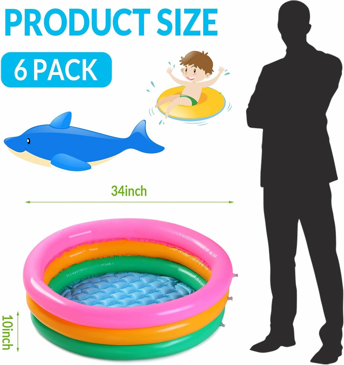 Jerify 6 Pack Kiddie Pool for Toddler 34 x 10 Inch Inflatable Kids Swimming Pool Small Baby Blow up 3 Rings Round Baby Padding Ball Pond for Indoor and Outdoor Water Game Play Center(Bright Style)