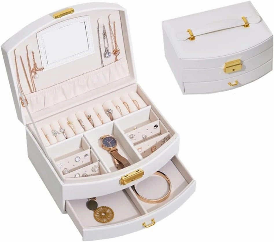 Jewellery Storage Large Capacity Earrings Storage Jewelry Box Double-Layer Lock Jewelry Box Jewelry Storage Jewellery Display Box, White