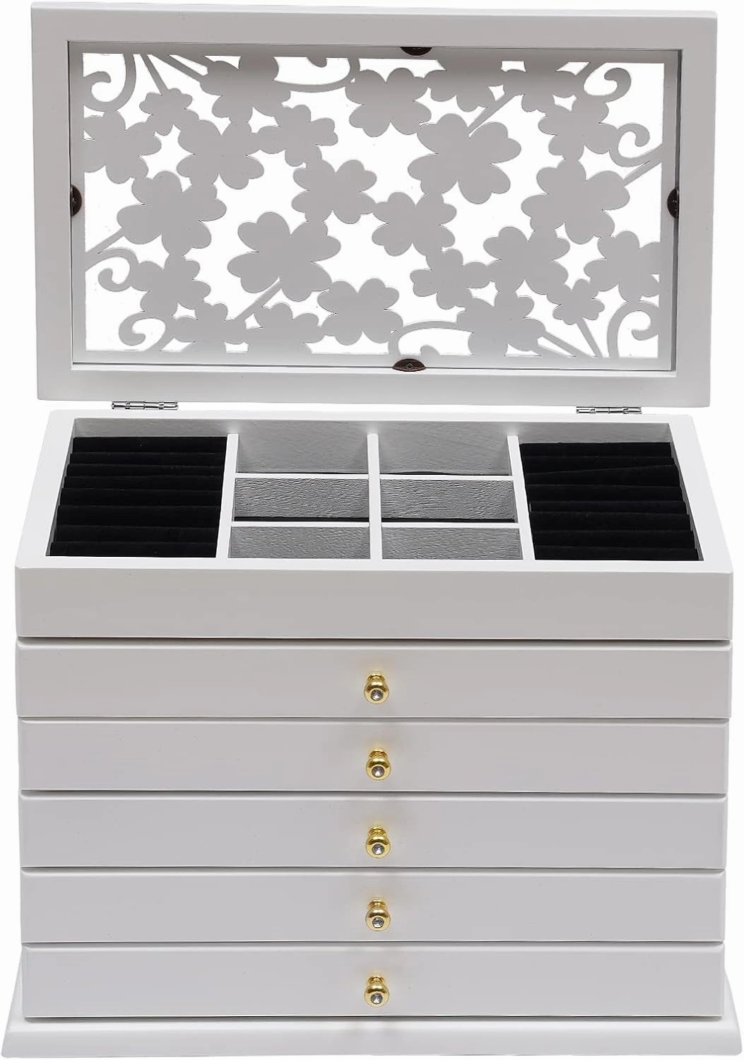 Jewelry Box for Women, Jewelry Organizer with Flower Carvings, Push-Pull Jewelry Drawer, Large Accessories Storage Case with Six Layers Display for Rings, Earrings, Necklaces, Bracelets Watches