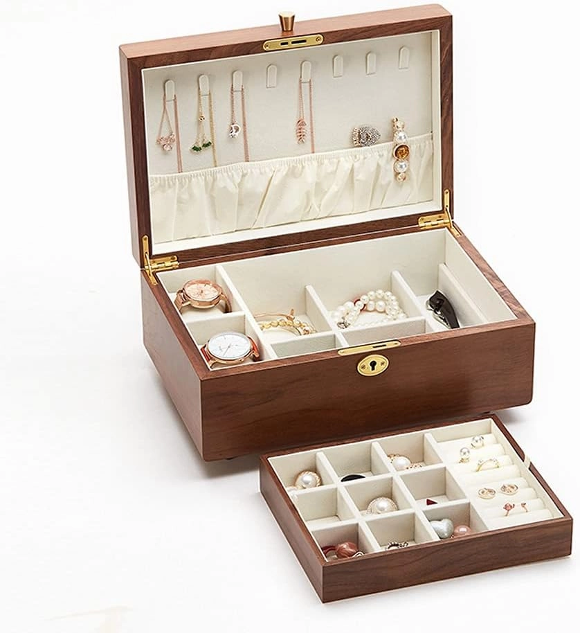 Jewelry Box Organizer Large Wood Jewelry Box Wooden Velvet Necklace Ring Earring Watch Organizer Jewellery Storage Case (Color : A)