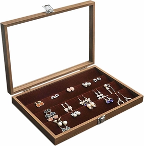 Jewelry Box, Wooden Jewelry Organizer Box with Clear Glass Lid Jewelry Holder Organizer Velvet Jewelry Storage Case for Women Earrings Rings Necklaces Bracelet Watch D(B)
