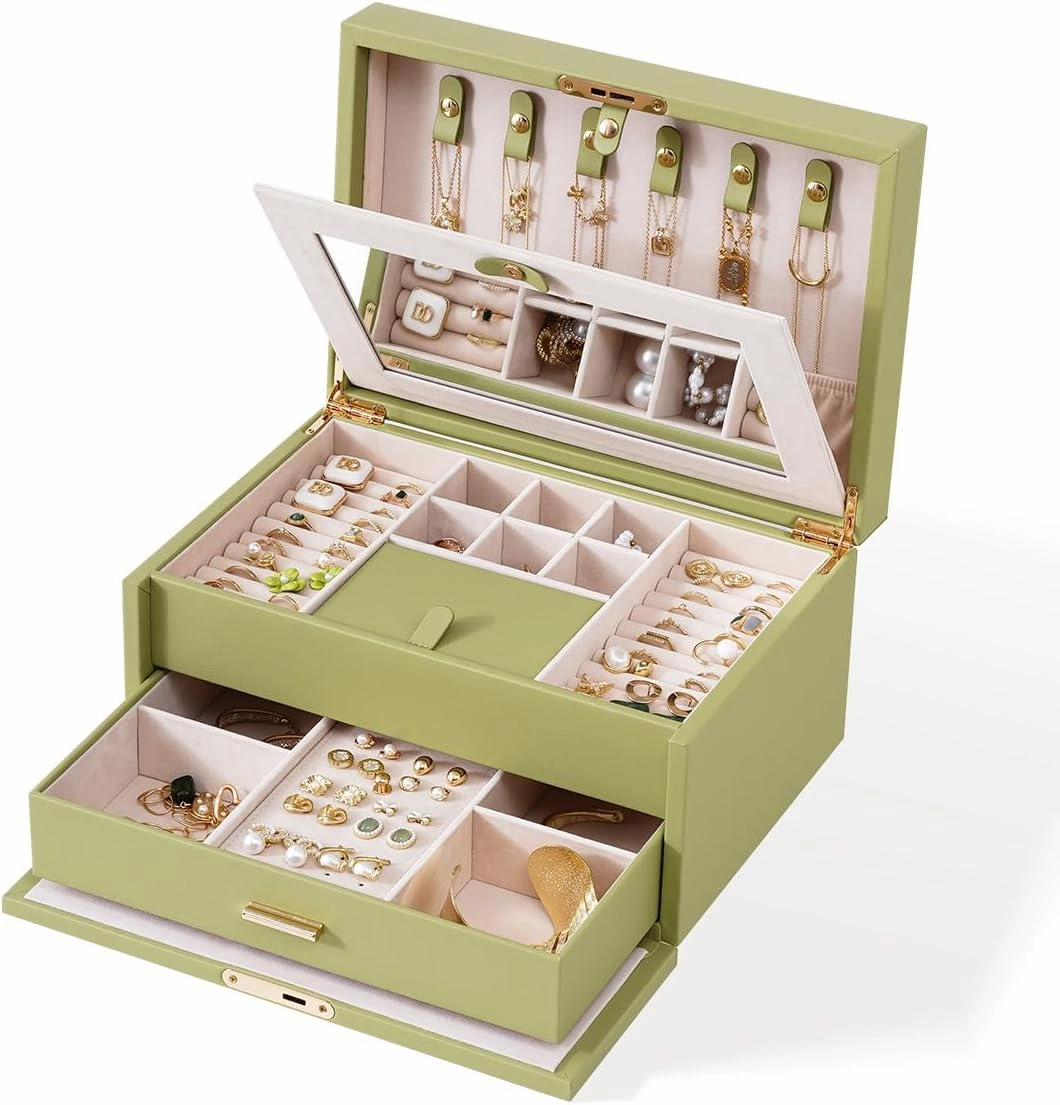 Jewelry Organizer Box, 2-Tier Leather Jewelry Box with Mirror, Large Storage Capacity, Lockable, Sparkle Glass Lid design, Jewelry Box for Women, Christmas Gift, Green
