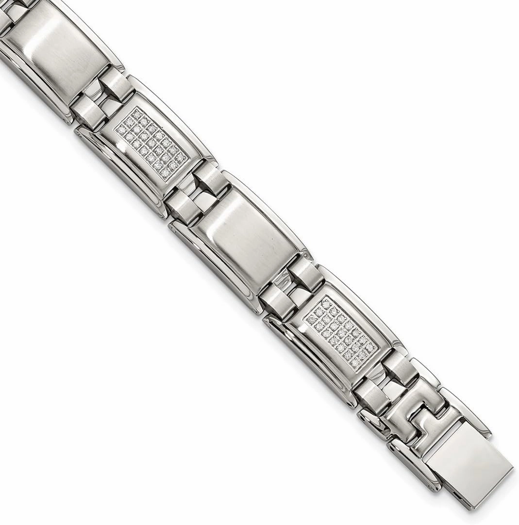 JewelryWeb Stainless Steel Brushed Fold over Polished Matte 3/4ct Tw. Diamond Bracelet 8.75 Inch 13mm Wide Link-Bracelet for Women