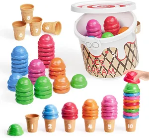 JoyCat Ice Cream Preschool Learning Activities Counting and Color Sorting Set Stacking Toys for Kids 3-5, Safety Fine Motor Skills Toy, Math Learning Resources Easter Basket Stuffers for Toddler 65PCS