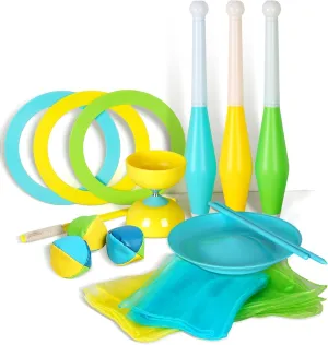 Juggling Set for Beginners – Includes 3 Scarves, 3 Balls, 3 Juggling Sticks, 1 Spinning Plate with Stick, 3 Toss Rings, and Storage Bag – For Indoor Outdoor Skill Training and Coordination Practice