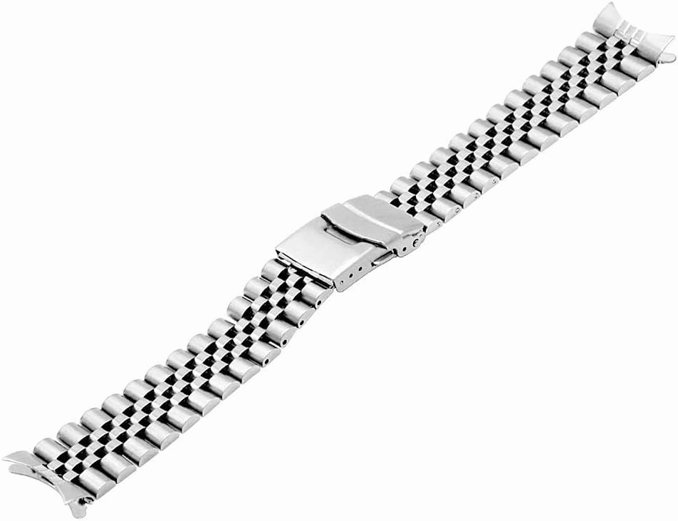 Juntan Stainless Steel Curved Ends Tapered 20mm 22mm 23mm 24mm Metal Watch Band Flexible Watch Strap Replacement Bracelet Deployment Double Flip Lock Buckle Silver Black