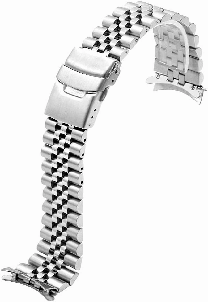 Juntan Stainless Steel Curved Ends Tapered 20mm 22mm 23mm 24mm Metal Watch Band Flexible Watch Strap Replacement Bracelet Deployment Double Flip Lock Buckle Silver Black