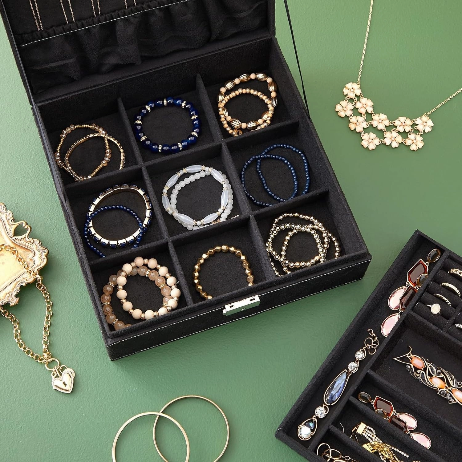 Juvale Velvet Jewelry Box Organizer - Lockable 2 Layer Travel Case, Earrings Storage with Removable Tray for Women, Men (Black) - Jewelry Organizer Decorative Tray