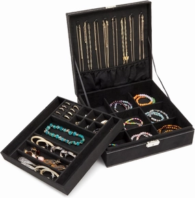 Juvale Velvet Jewelry Box Organizer - Lockable 2 Layer Travel Case, Earrings Storage with Removable Tray for Women, Men (Black) - Jewelry Organizer Decorative Tray