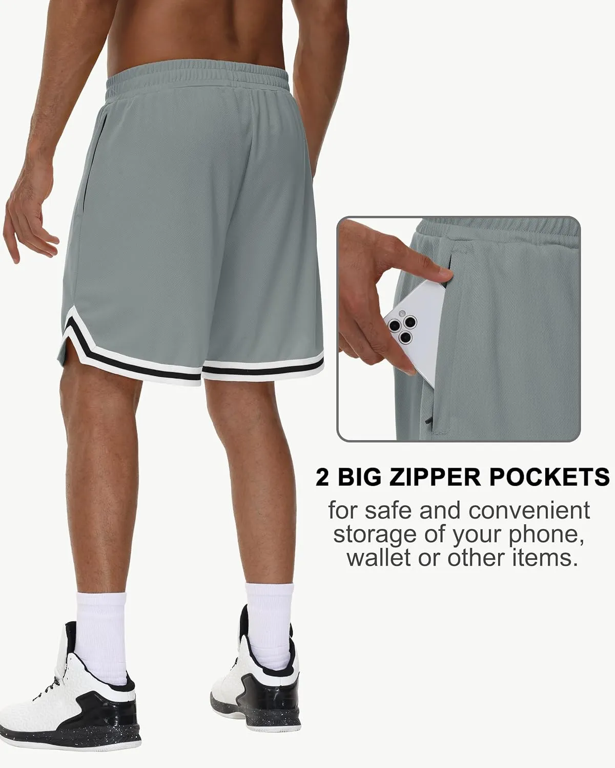 JWM Mens Long Basketball Shorts with Zip Pockets - 11" Mesh Athletic Gym Workout Sport Shorts Quick Dry Lightweight