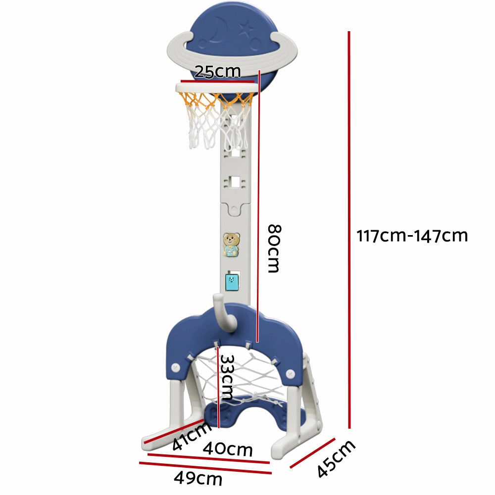 Keezi Kids Basketball Hoop Stand Adjustable 6-In-1 Sports Center Toys Set Blue