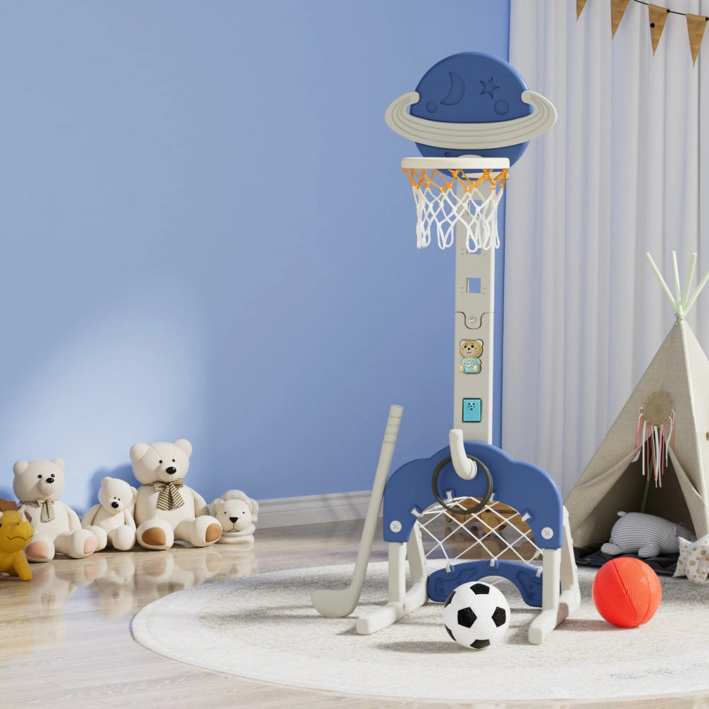 Keezi Kids Basketball Hoop Stand Adjustable 6-in-1 Sports Center Toys Set Blue