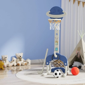 Keezi Kids Basketball Hoop Stand Adjustable 6-In-1 Sports Center Toys Set Blue