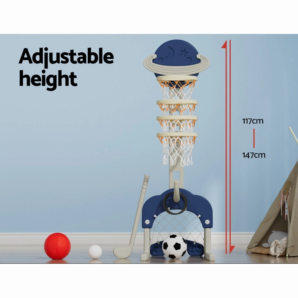 Keezi Kids Basketball Hoop Stand Adjustable 6-In-1 Sports Center Toys Set Blue
