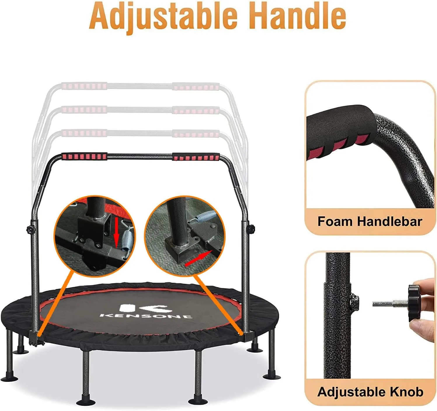 KENSONE 40"/48" Foldable Mini Trampoline, Indoor Trampoline for Kids, Adults Indoor/Garden Workout, Fitness Rebounder with Adjustable Foam Handle, Max Load 330/450 lbs