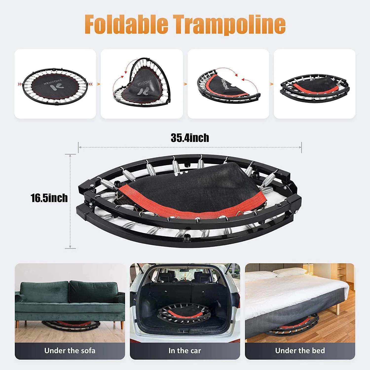 KENSONE 40"/48" Foldable Mini Trampoline, Indoor Trampoline for Kids, Adults Indoor/Garden Workout, Fitness Rebounder with Adjustable Foam Handle, Max Load 330/450 lbs