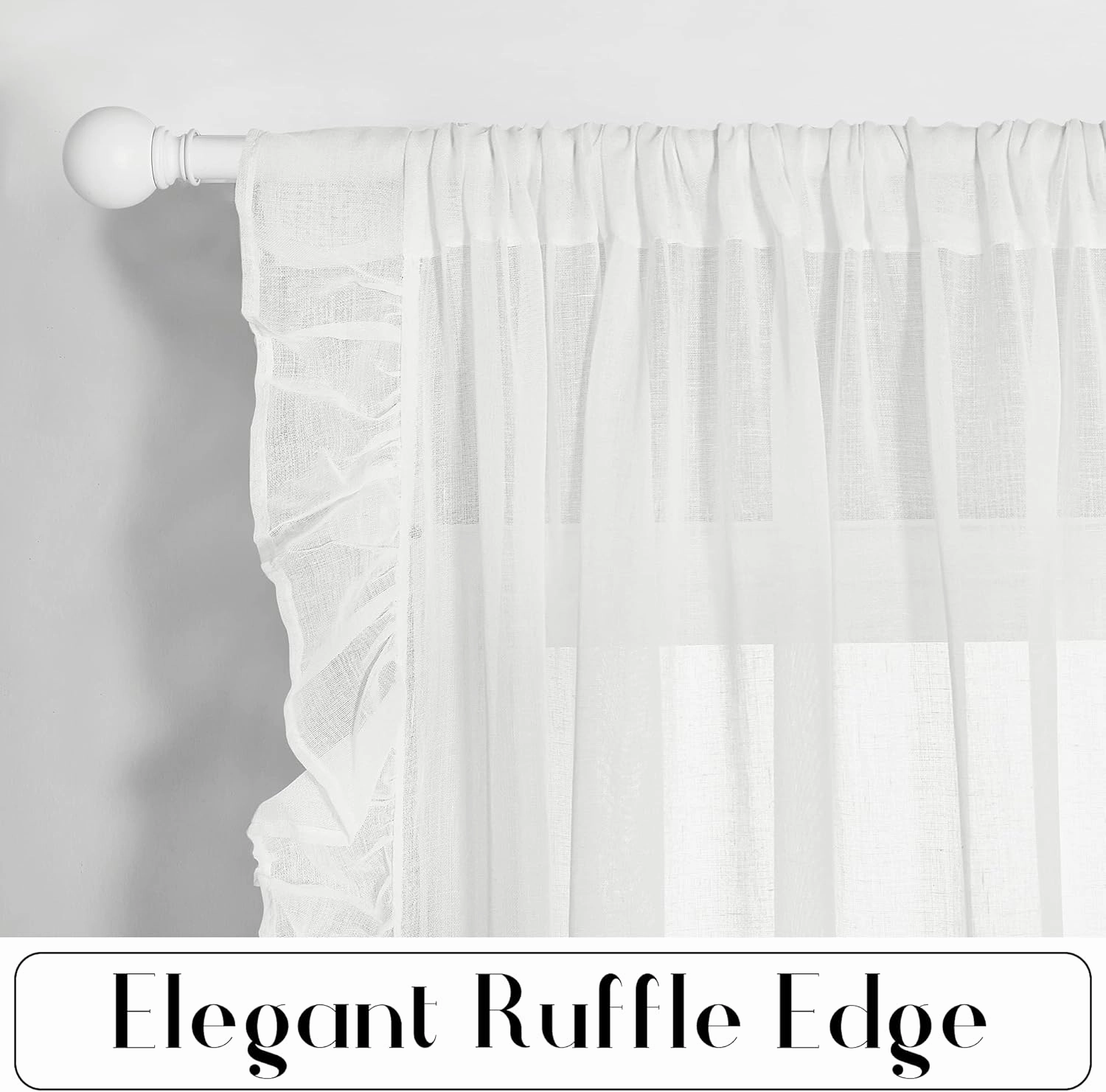 KGORGE White Linen Curtains for Living Room, Linen Blended Sheer Curtain with Shabby Chic Ruffle Trim, Farmhouse Window Curtains & Drapes for Kitchen Bedroom Bathroom, W52 x L84 inch, 2 Panels